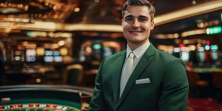 Layar ponsel menampilkan meja roulette Blueprint Gaming dengan dealer langsung dan opsi taruhan